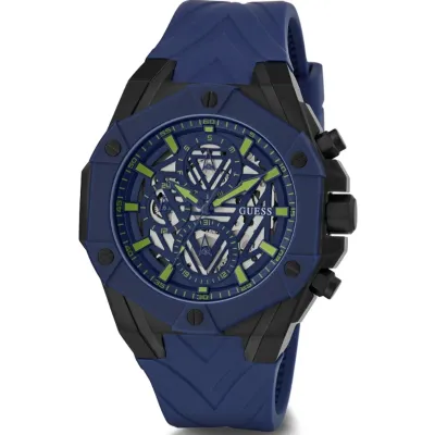 Guess Men's Blue Skeleton Dial Blue Silicone Strap Watch